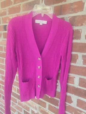 LOFT Women's Bright Fuchsia Ribbed Button-Front Cardigan